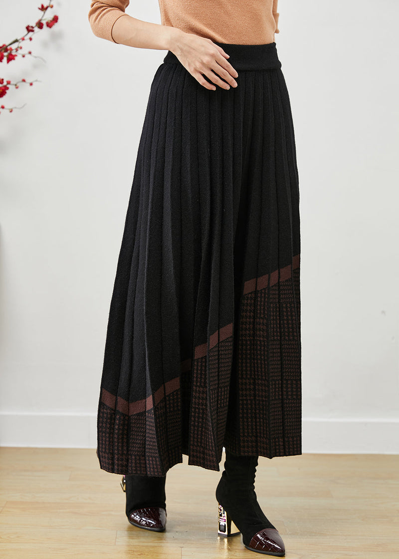 Black Elastic Waist Print Woolen Pleated Skirt Fall