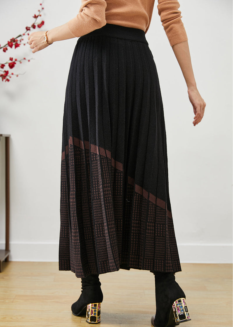 Black Elastic Waist Print Woolen Pleated Skirt Fall