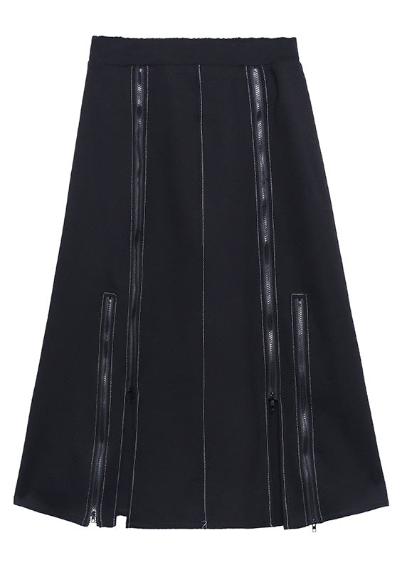 Black Elastic Waist Zippered a Line Skirt Spring