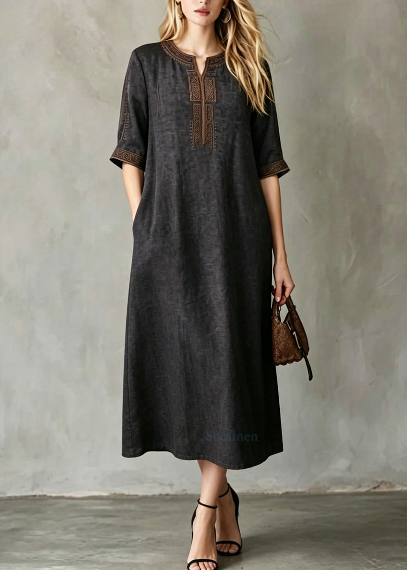 Black Embroidered Button Silk Maxi Dresses Summer