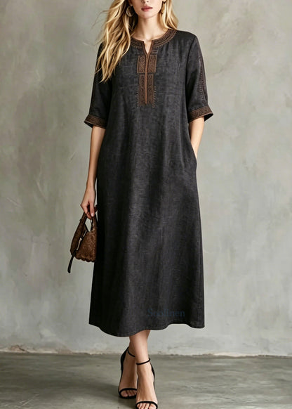 Black Embroidered Button Silk Maxi Dresses Summer