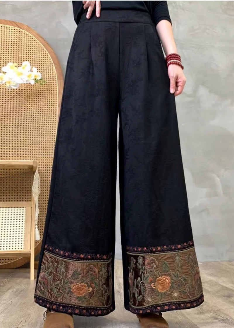 Black Embroidered Cotton Wide Leg Pants Spring