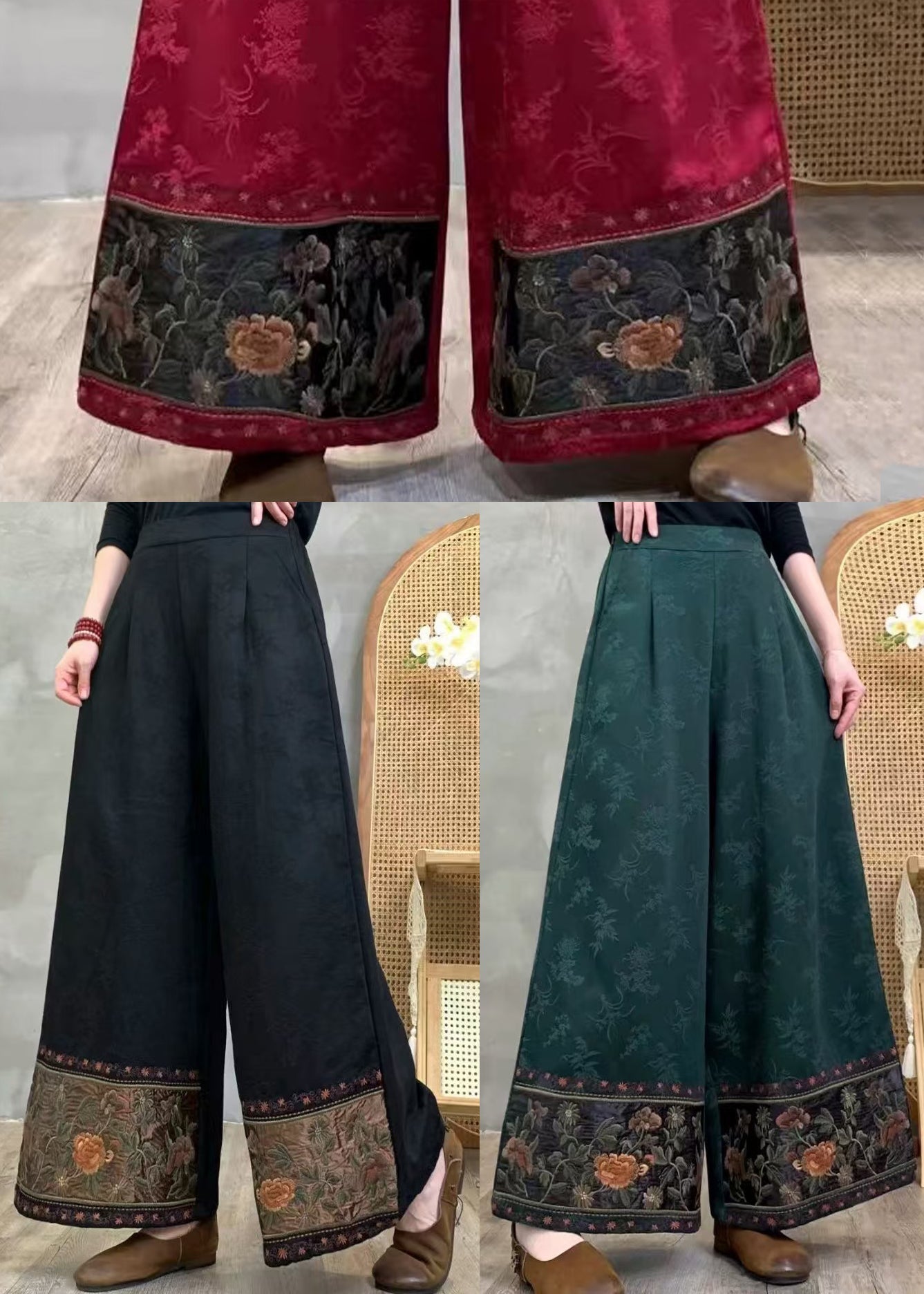 Black Embroidered Cotton Wide Leg Pants Spring