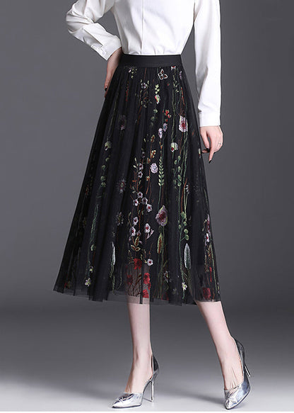 Black Embroidered Elastic Waist Tulle Skirt Summer