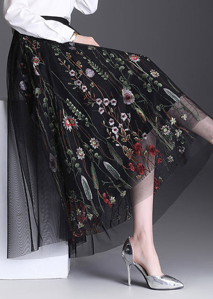 Black Embroidered Elastic Waist Tulle Skirt Summer