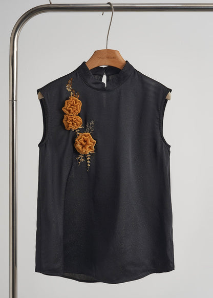 Black Embroidered Decorated Silk Vest Sleeveless