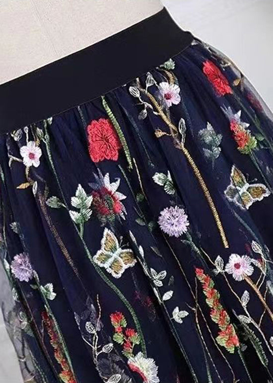 Black Embroidered High Waist Tulle Skirts Spring