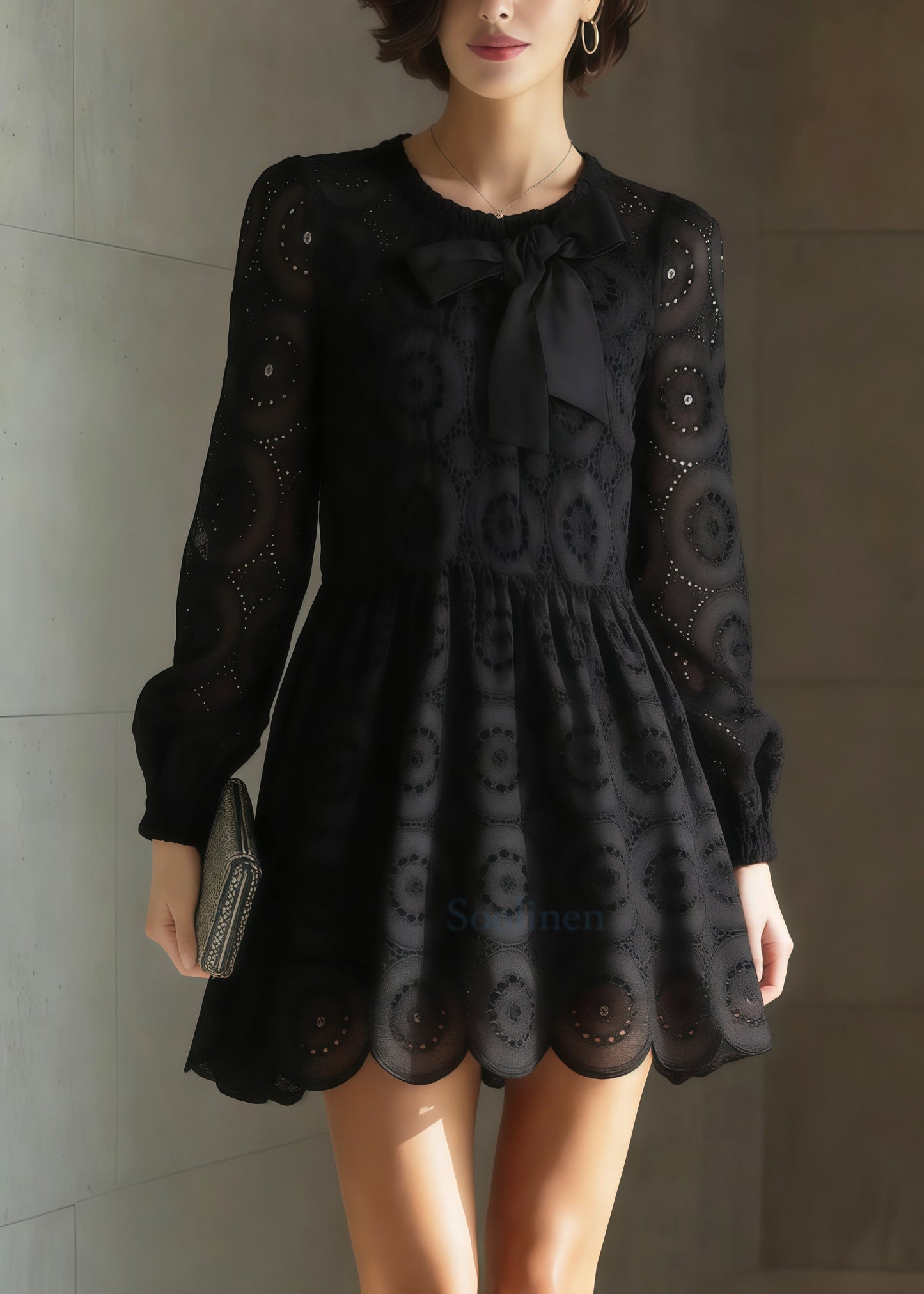 Black Embroidered Hollow Out Cotton Tea Dress Spring