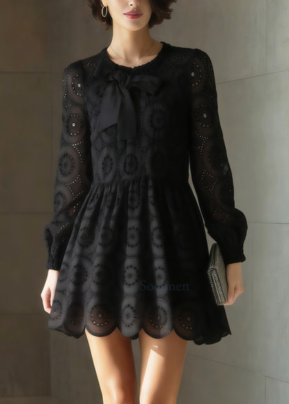 Black Embroidered Hollow Out Cotton Tea Dress Spring