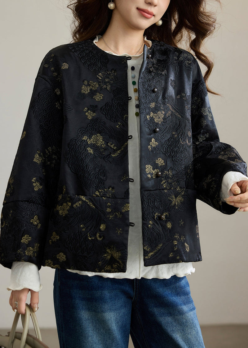 Black Embroidered Patchwork Silk Oriental Coats Spring