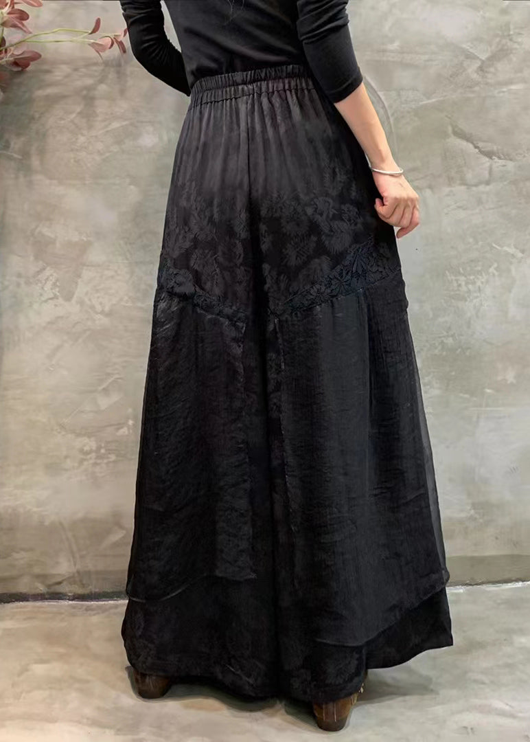 Black Embroidered Pockets Patchwork Linen Silk Pants Summer