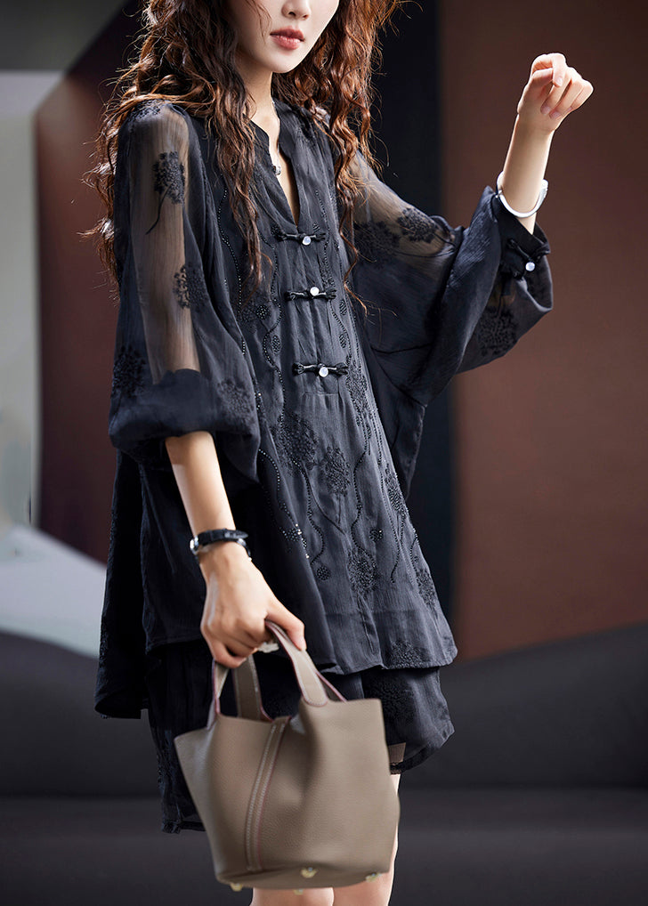 Black Embroidered Tops and Shorts Chiffon Tops Summer