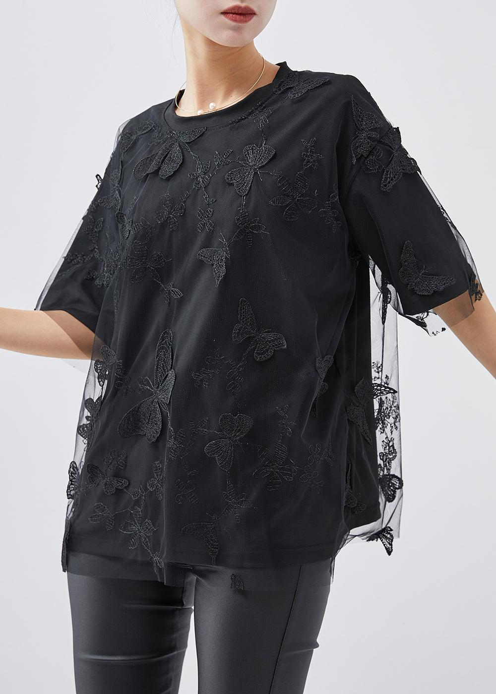 Black Embroideried Butterfly Tulle Tops Summer