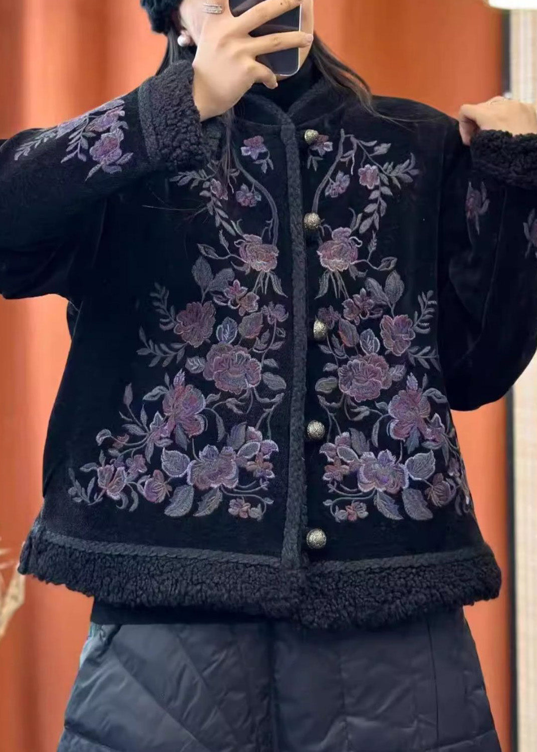 Black Embroideried Button Cotton Filled Coats Long Sleeve