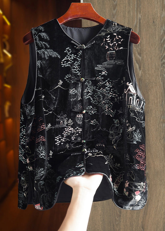 Black Embroidered Button Patchwork Silk Velour Waistcoat Fall