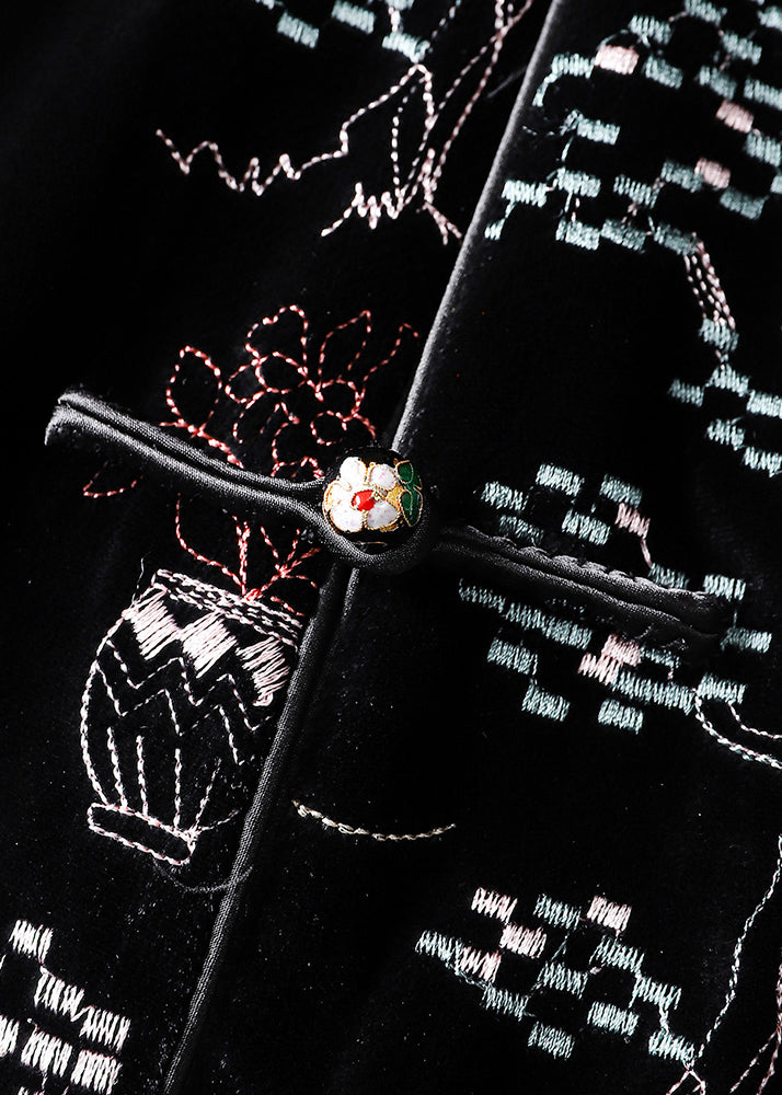 Black Embroidered Button Patchwork Silk Velour Waistcoat Fall