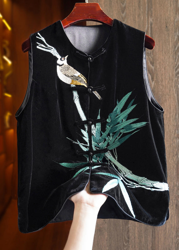 Black Embroidered Button Patchwork Silk Velour Waistcoat Sleeveless