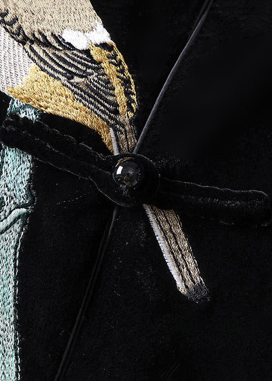 Black Embroidered Button Patchwork Silk Velour Waistcoat Sleeveless