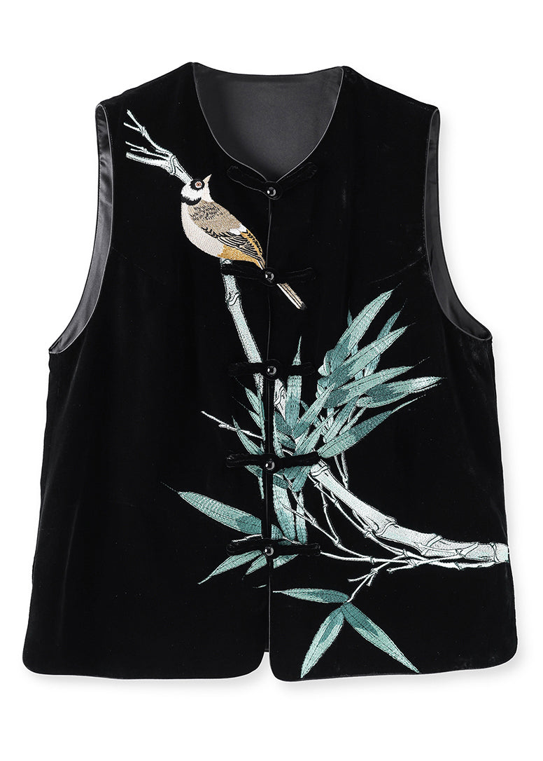 Black Embroidered Button Patchwork Silk Velour Waistcoat Sleeveless