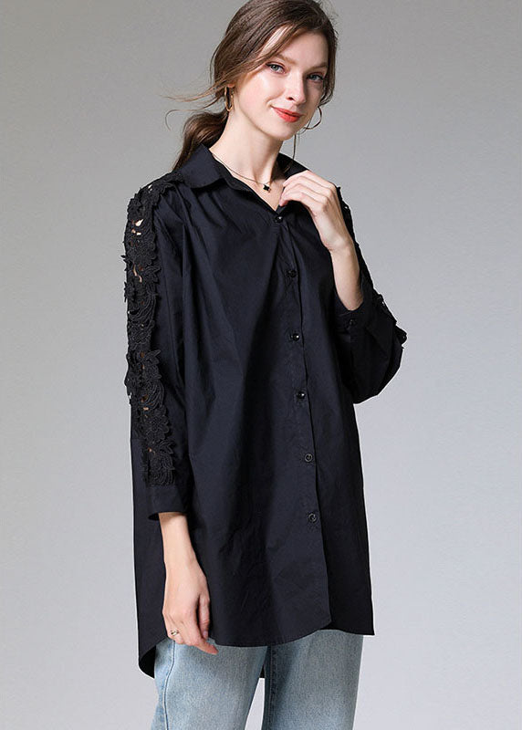 Black Embroideried Button Patchwork Top Fall