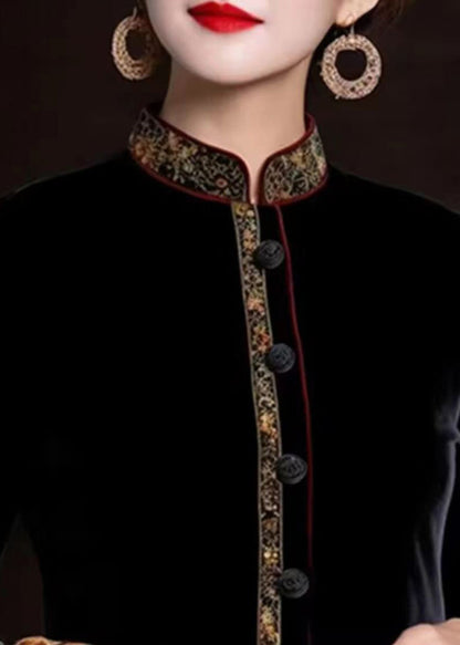 Black Print Button Silk Coats Long Sleeve