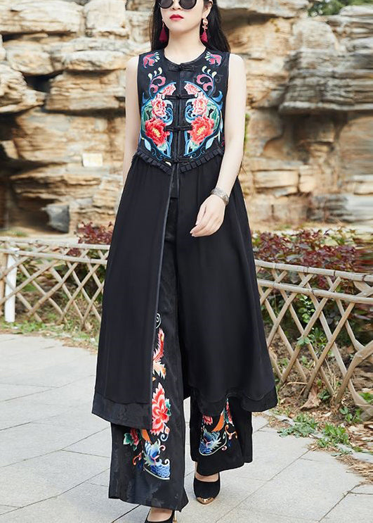Black Embroideried Chinese Button Patchwork Silk Long Waistcoat Sleeveless
