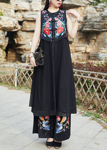 Black Embroideried Chinese Button Patchwork Silk Long Waistcoat Sleeveless