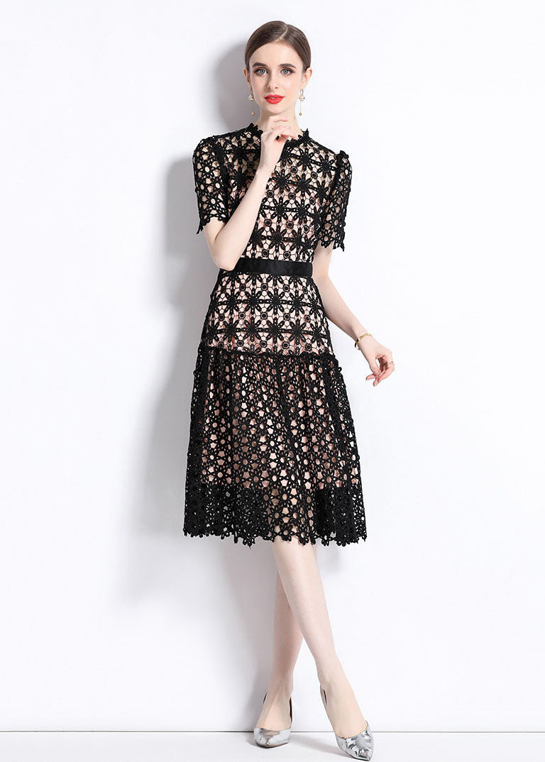 Black Embroideried Hollow Out Patchwork Lace Dress Summer