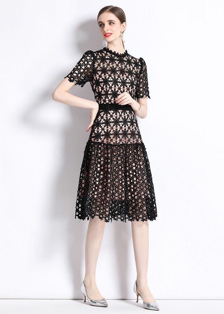 Black Embroideried Hollow Out Patchwork Lace Dress Summer