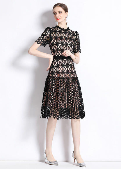 Black Embroideried Hollow Out Patchwork Lace Dress Summer