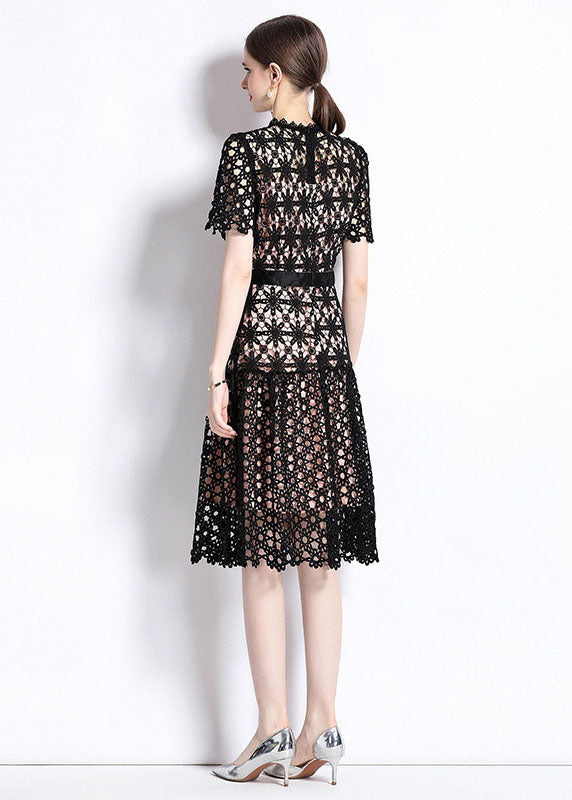 Black Embroideried Hollow Out Patchwork Lace Dress Summer