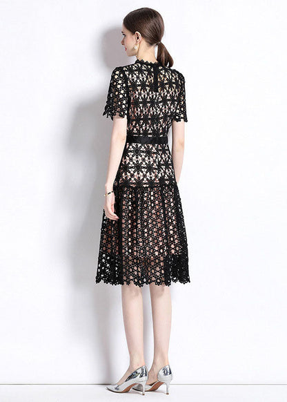 Black Embroideried Hollow Out Patchwork Lace Dress Summer