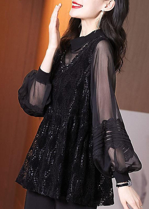 Black Embroideried Hollow Out Patchwork Lace Top Lantern Sleeve