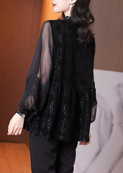 Women Black Embroideried Hollow Out Patchwork Lace Top Lantern Sleeve