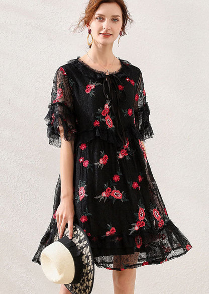 Black Embroideried Patchwork Lace Mid Dress Short Sleeve