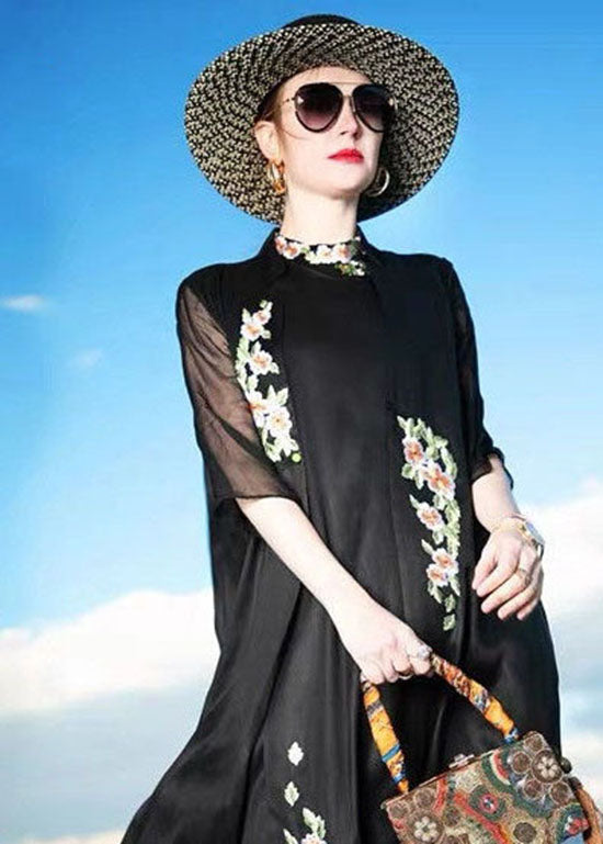 Black Embroideried Patchwork Silk Cardigans Summer
