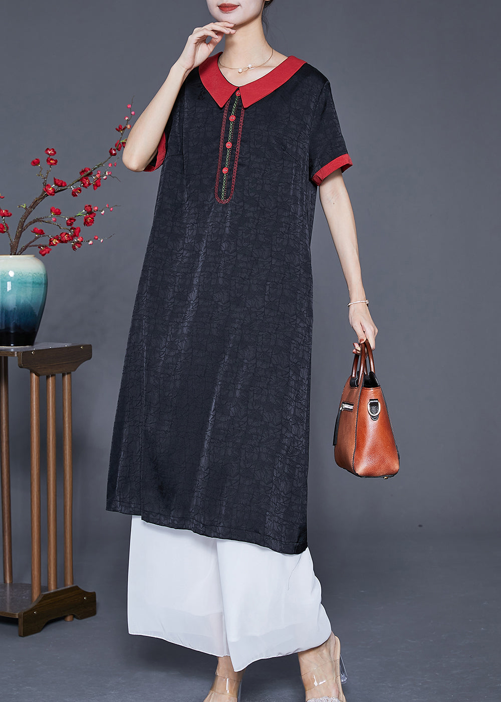 Black Embroideried Patchwork Silk Dress Summer