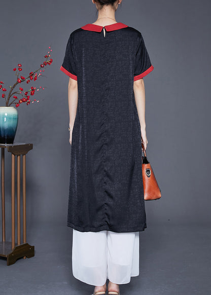 Black Embroideried Patchwork Silk Dress Summer