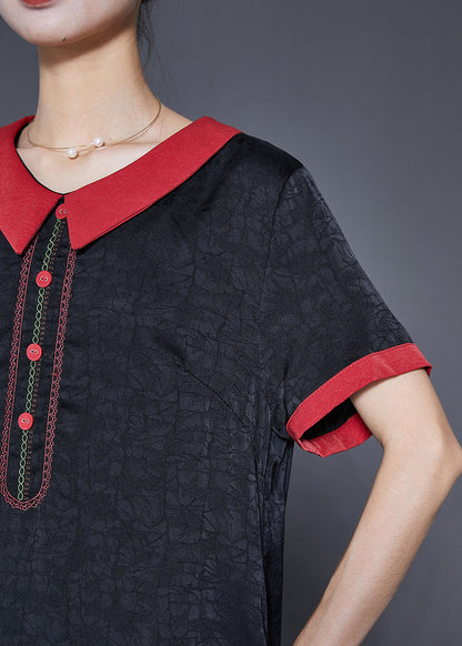 Black Embroideried Patchwork Silk Dress Summer