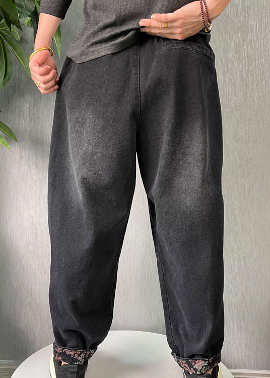 Black Embroideried Pockets Denim Pants Spring