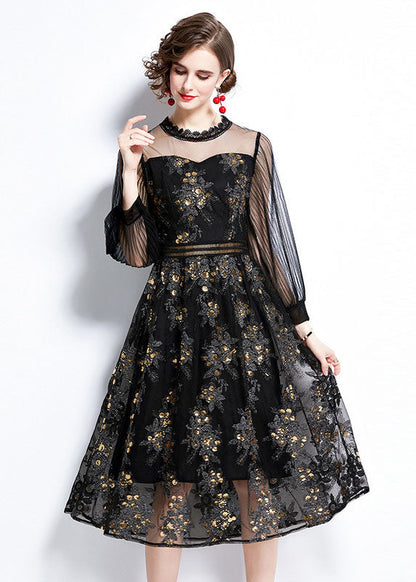 Black Embroideried Sequins Patchwork Hollow Out Tulle Dress Fall