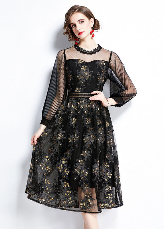 Black Embroideried Sequins Patchwork Hollow Out Tulle Dress Fall