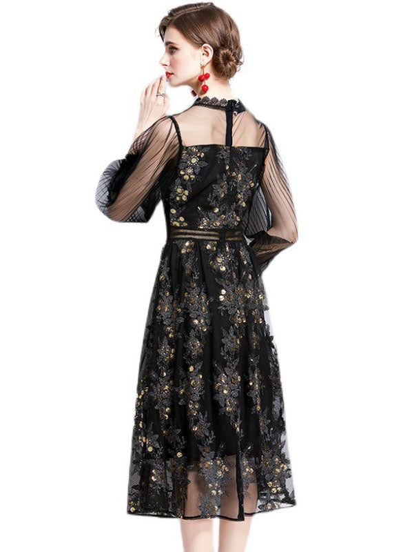 Black Embroideried Sequins Patchwork Hollow Out Tulle Dress Fall