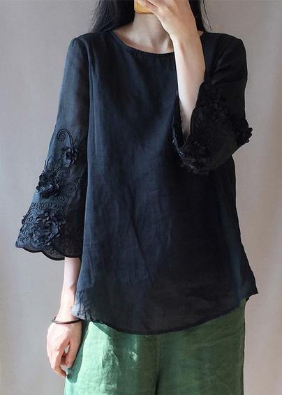 Women Black Embroidery Tunics O Neck Plus Size Clothing Tops