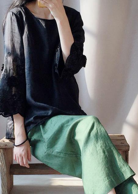 Black Embroidery Tunics O Neck Clothing Tops