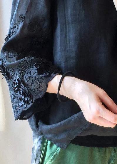 Women Black Embroidery Tunics O Neck Plus Size Clothing Tops