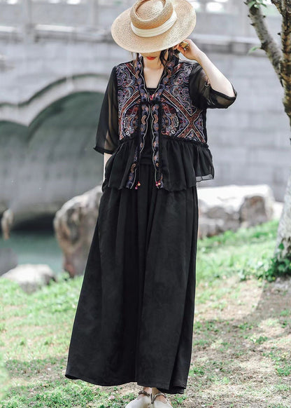 Black Style Embroideried Ruffled Linen Silk Blouse Tops Summer