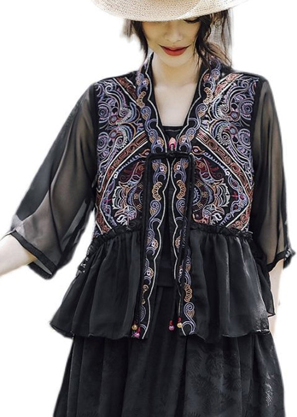 Black Style Embroideried Ruffled Linen Silk Blouse Tops Summer