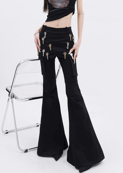 Black False Two Pieces Patchwork Denim Flared Trousers Fall