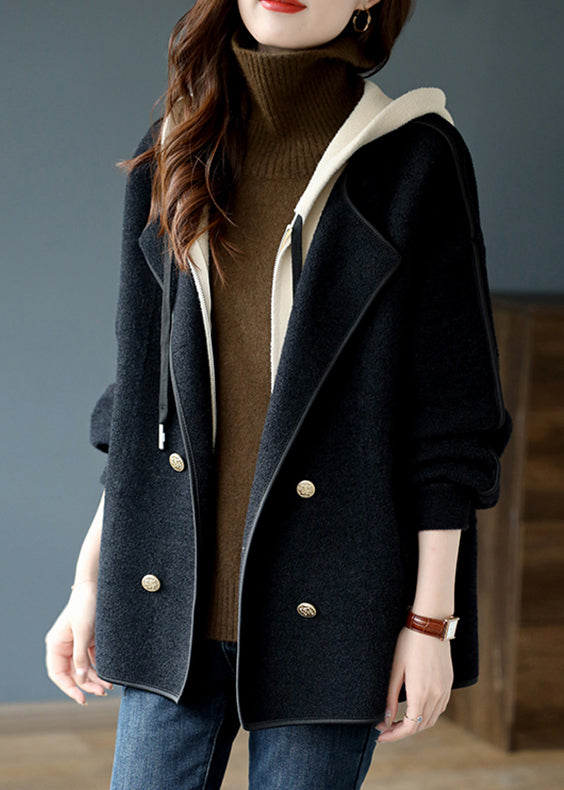 Black False Two Pieces Patchwork Woolen Hooded Coat Winter